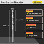 Drill Bit, 4mm Cutting Diameter, 4241 HSS 118° Cutting Angle Uncoated Bright Versatile Jobber Bits - (Applications: for Drilling Plastic Wood Soft Metal), 5-Pieces