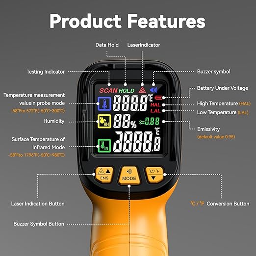 50:1 Infrared Thermometer Temperature Gun, Dual-Mode Temp Gun -58°F to 1796°F, with K-Type Thermocouple for Internal Readings, for Kilns, Industrial, and HVAC Applications