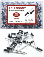 190pcs Black 3/16" x 5/16" Aluminum Blind Rivets, 4.8 x 8mm Pop Rivets,Aluminum Grip and Steel Mandrel