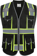 JKSafety 10 Pockets Hi-Vis Zipper Front Black Safety Vest | Cushioned Collar | High Reflective Tapes with Extended Neon Yellow Strips | Meets ANSI/ISEA Standards (4X-Large, 89-Black)