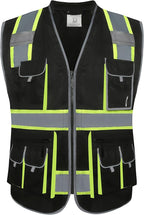 JKSafety 10 Pockets Hi-Vis Zipper Front Black Safety Vest | Cushioned Collar | High Reflective Tapes with Extended Neon Yellow Strips | Meets ANSI/ISEA Standards (4X-Large, 89-Black)