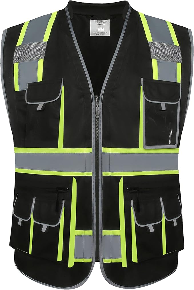 JKSafety 10 Pockets Hi-Vis Zipper Front Black Safety Vest | Cushioned Collar | High Reflective Tapes with Extended Neon Yellow Strips | Meets ANSI/ISEA Standards (X-Large, 89-Black)