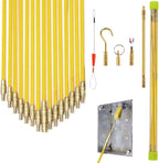 50' Fiberglass Cable Wire Running Rod Coaxial Electrical Connectable Fish Tape Pull Kit with Hook and Hole Kit in Transparent Tube, Yellow