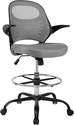 HYLONE Tall Drafting Chair Standing Desk Chair with Flip-Up Armrests, Adjustable Height Ergonomic Office Chair with Footrest Ring - High Stool Chair for Standing Desk（Grey）
