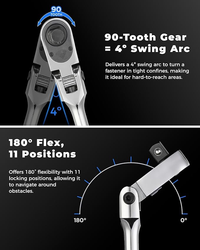 toolant 1/4“ Drive 90 Tooth Compact Flex Head Socket Ratchet Wrench (1/4",7 inch length)