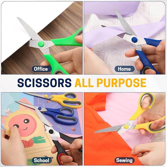8" 10 Pack All Purpose Heavy Duty Scissors- Comfort-Grip Sharp Scissors for Office School Sewing Fabric Craft High/Middle School Student Teacher Scissor, Right/Left Hand