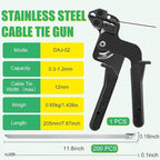 Heavy Duty Stainless Steel Cable Tie Gun Kit with 200PCS 11.8 Inch Self-Locking Metal Zip Ties, Adjustable Tension Cutting Tool for Garden Fence Repair, Automotive & Outdoor Projects (11.8'')