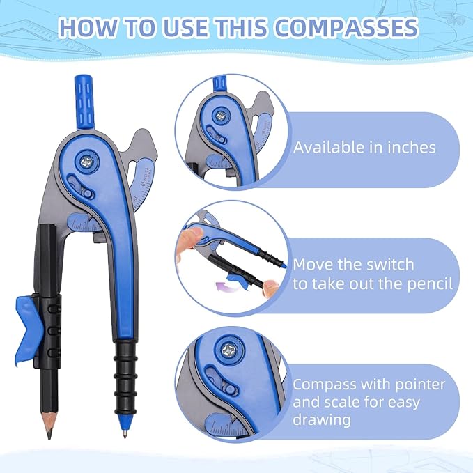 YOOUSOO Compass and Protractor Set, Student Geometry Math Set, Drawing Compass and 6 Inch Clear Swing Arm Protractors 180 Degree Math Protractor, Back to School Supplies