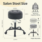 Rolling Stool, Adjustable Height Leather Esthetician Stool Thick Seat Cushion 20.67"-24.61", Black Vanity Chair with Storage