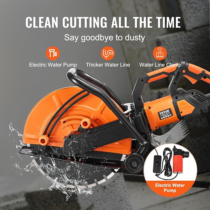 VEVOR Electric Concrete Saw, 16 in, 3200 W Motor Circular Saw Cutter with Max. 6 in Adjustable Cutting Depth, Wet Disk Saws Cutter Includes Water Line, Pump and Blade, for Stone, Brick