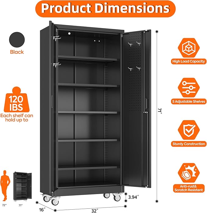 Metal Garage Storage Cabinet with Pegboard, 71''H*32" W*16" D Rolling Tool Cabinets on Wheels with 5 Adjustable Shelves for Garage Home Warehouse Utility Room, Assembly Required,Black