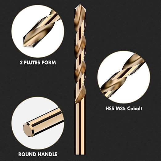 Cobalt Drill Bit Set, 15Pcs M35 High Speed Steel Jobber Length Drill Bit Kit for Hardened Metal, Stainless Steel, Cast Iron, Wood and Plastic, with Index Storage Case, 1/16"-3/8"