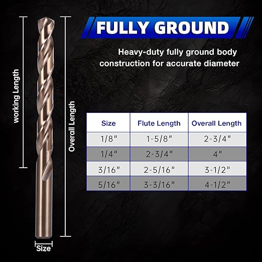 1/8 Inch Cobalt Drill Bit Set (10Pcs), M35 Fully Grounded 5% Cobalt Bits for Hardened Metals, Stainless Steel, Cast Iron and Wooden Plastics, with Storage Box