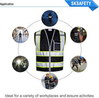 SKSAFETY 10 Pockets Safety Vest, Class 2 High Visibility Security with Zipper, Hi Vis Vest with Reflective Strips, ANSI/ISEA Standard, Construction Work Vest for Men ＆ Women （Black, XL）