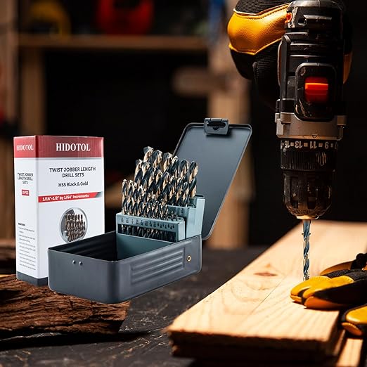 Drill Bit Set 29Pcs, 135 Degree Tip High Speed Steel with Black and Gold Finish, Stainless Steel, Plastic and Wood with Metal Indexed Storage Case 1/16"-1/2"