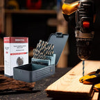Drill Bit Set 29Pcs, 135 Degree Tip High Speed Steel with Black and Gold Finish, Stainless Steel, Plastic and Wood with Metal Indexed Storage Case 1/16"-1/2"