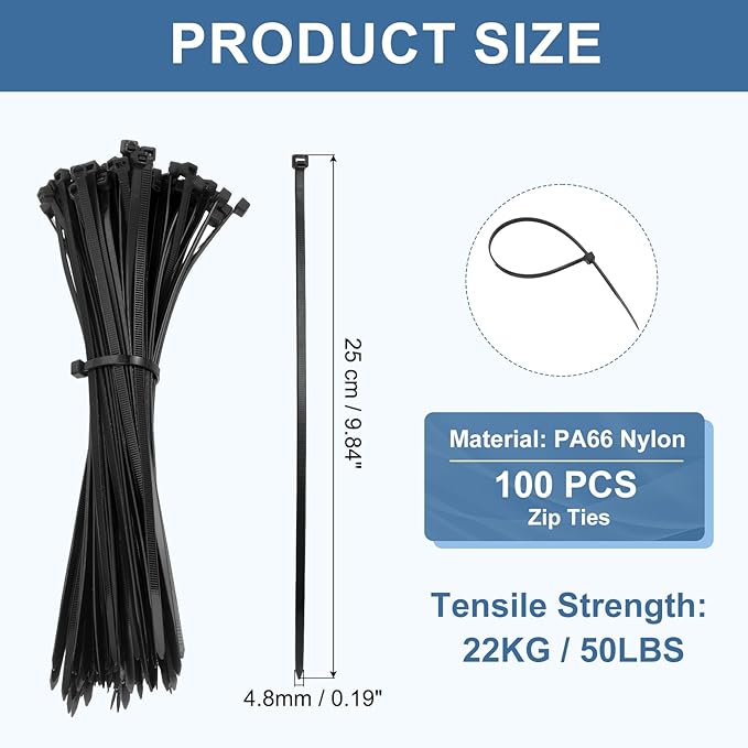 PATIKIL Cable Zip Ties 10 Inch, 100 Pcs Self-Locking Nylon Wire Tie Wraps Heavy Duty Cord Management with 50 lbs Tensile Strength for Indoor and Outdoor, Black (0.2"W)