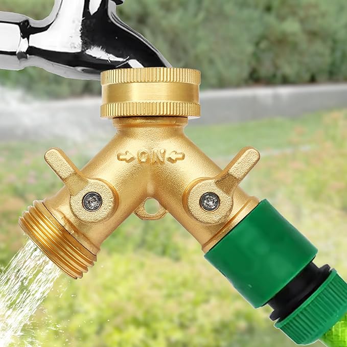Biaungdo 2 Way Connector Garden Hose Splitter, 3/4 Garden Hose Y Splitter, Solid Brass Hose Adapter Y Valve Spigot Faucet Adapter with Faucet Watering Shut Off Valves