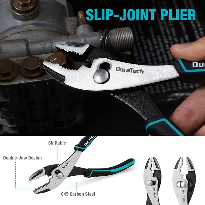 DURATECH 4-Piece Pliers Set - 8" Long Nose, Slip Joint, Groove Joint Pliers & Adjustable Wrench for Home Use
