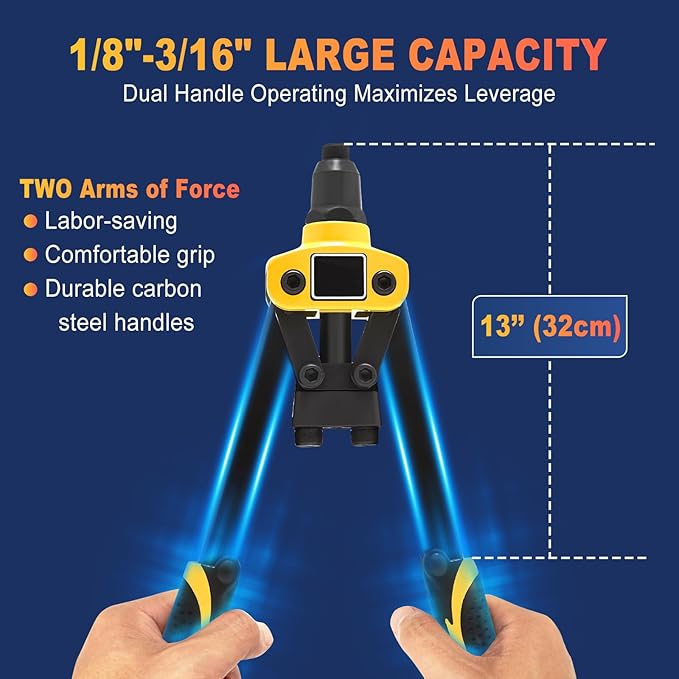 13" Rivet Gun, Rivet Gun Kit with 5 Pcs Rivets, 3 Nosepieces Manual Hand Pop Rivet Gun(1/8", 5/32", 3/16"), Heavy Duty Rivet Tool for Metal, Aluminum, Stainless Steel