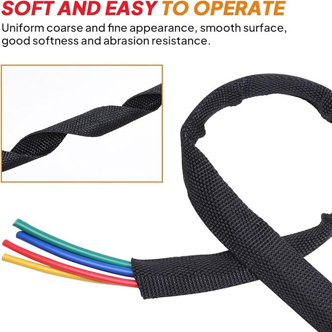 Black 2:1 Ratio Automotive Heat Shrink Braided Sleeving,Wear-Resistant Flat Woven Shrinkable Sleeve Fabric Car Cable Wires Hoses Protection (1"-8ft)