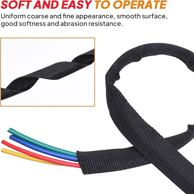 Black 2:1 Ratio Automotive Heat Shrink Braided Sleeving,Wear-Resistant Flat Woven Shrinkable Sleeve Fabric Car Cable Wires Hoses Protection (3/4"-15ft)