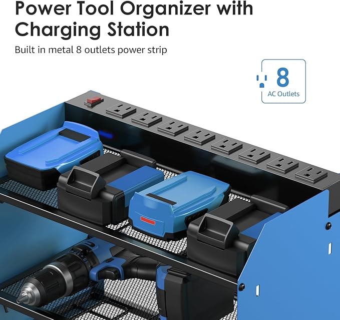 CCCEI Modular Power Tool Organizer Wall Mount with Charging Station. Garage 4 Drill Storage Shelf with Hooks, Screwdriver, Drill Bit Heavy Duty Rack, Tool Battery Holder Built in 8 Outlet Power Strip.