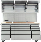 CT Copper Tailor 72-inch Rolling Tool Chest with Integrated Power Strip,15 Drawers and Wheels, Garage Workbench with Storage, 3 Upper Cabinets, Pegboard in Stainless Steel