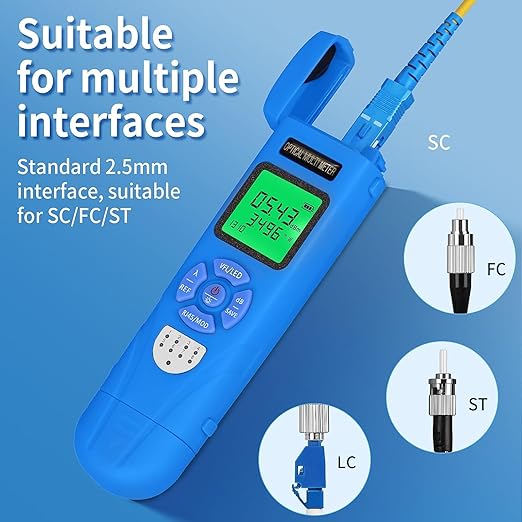 Rechargeable Optical Power Meter L-C70-15km mini Fiber Cable Tester Suitable for SC/FC/ST/LC Interface 4-in-1 Function Built-in 15km Visual Fault Locator RJ45 Network Testing with 1 FC-LC Adapter