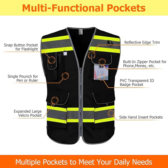 TCCFCCT High Visibility Vest 9 Pockets Hi Vis Reflective Safety Vest for Men Women, Surveyor Work Vest with Fluorescent Yellow Extend Edge, Durable, Breathable, Meets ANSI/ISEA, (DB-Black, Small)