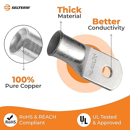 SELTERM 2pcs 2/0 AWG 1/4" Stud Tinned Copper Wire Lugs, Battery Lugs, Ring Terminals, Battery Cable Ends, 00 Gauge Ring Terminal Connectors, UL Marine Grade Electrical Battery Terminal Connectors