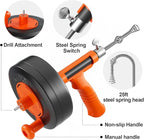 Drain Auger, Drain Snake With Drill Adapter, 25ft Plumbing Auger Heavy Duty Flexible Sink Steel Plumbing Auger Bathroom Hair Clog Removal Tool, Manual Or Powered for Shower & Bathtub Clog