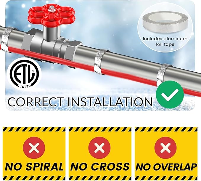 3 FT Heat Tape for Water Pipes Freeze Protection with Thermostat, Electric Heat Trace Pipe Heating Cable Energy-Saving 120V 7W/FT