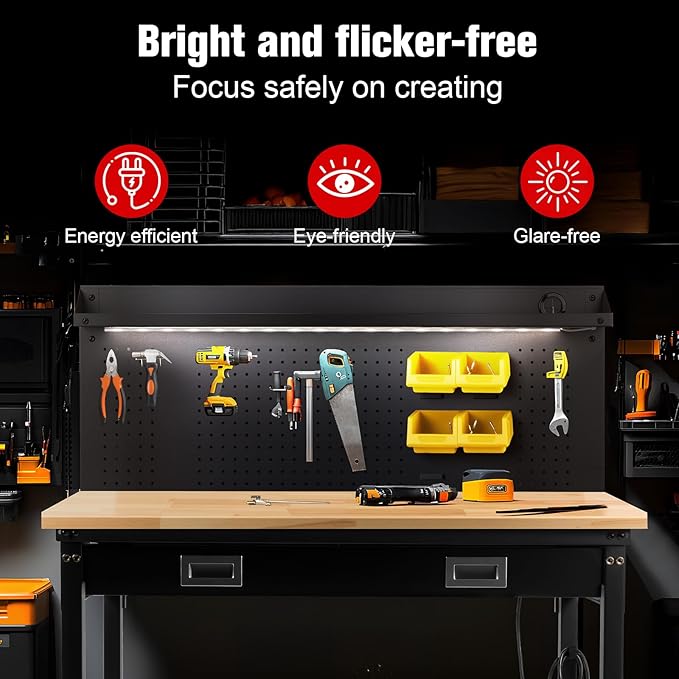 60" Workbench with Drawers, Work Benches for Garage with Strip Light, Adjustable Work Table with Large Pegboard, 2000 LBS Heavy Duty Table with Power Outlet Rubber Wood for Garage, Office