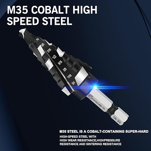 M35 Four Spiral Flute Cobalt Step Drill Bit Set 1/8"-7/8", Industrial Grade Wear-Resistant TiAlN Coated 1/4" Hex Shank Step Bit for Metal, Stainless Steel, Aluminum, Wood, Plastic (3pcs)
