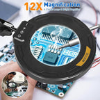 Ultra Long 3-Section Swing Arm 12X Magnifying Glass with Light and Stand, 4-way Large Strong Metal Clamp Lighted Magnifier Lamp, 5 Color Modes LED Magnifying Lamp for Workbench, Crafting, Hobby