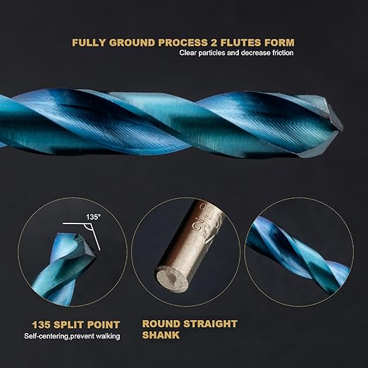 13 PCS Blue Coating Cobalt Drill Bit Set M35 HSS Twist Drill Bits 1/16"-1/4" for Hardened Metal, Stainless Steel, Cast Iron, Plastic and Wood