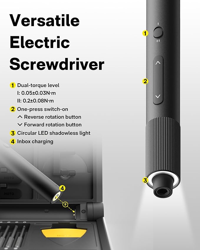 HOTO Electric Precision Screwdriver Set, 48 in 1 Electronics Tool Kit, Magnetic Bits & Box, LED Light & 2 Torque Settings, Mini Screwdriver Set for Eyeglasses, Watches, Phones, Laptops, Cameras Repair