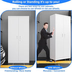 73" H Metal Storage Cabinet with Wheels, Pegboard and 4 Hooks, Garage Storage Cabinet with 4 Adjustable Shelves and 2 Lockable Doors for Garage Home Office, Basement, Assembly Required, White