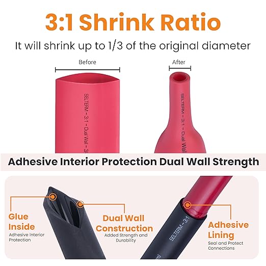 SELTERM 10pcs - 4 Awg - 1/4" Stud - Battery Lugs - Ring Terminal Connectors | with 12pcs 3:1 Black & Red Heat Shrink Tubing with Adhesive | Heavy Duty Battery Cable Ends - Bare Copper Wire Lugs Kit