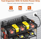 JUNNUJ Power Tool Organizer with 10 Outlet Power Strip, 4 Layer Wall Mount Drill Holder with Charging Station, 4 Drills Storage Shelf Shop Garage Utility Rack, Black
