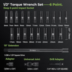 1/2" Drive Click Torque Wrench with Deep Impact Socket (6~24mm),Dual-Range【10-170ft.lb/13.6-230.5Nm】±3% Precision,10" Extension Bar,Universal Joint,Drill Adapter