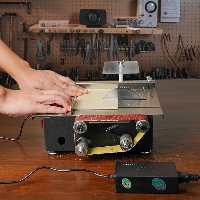 Mini Table Saw, 1.2x16.5in Multifunktional Small Table Saw With 10 Sanding Belts, 300W Dual Motor Control Belt Sander for Metal, Wood, Aluminum and Other Grinding and Cutting Tools