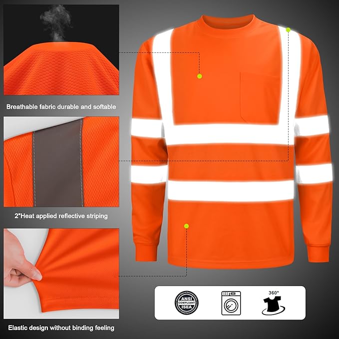 High Visibility Class 3 T Shirts，Hi Vis Safety Shirts with Reflective Strips and Pocket, Long Sleeve Quick Dry Mesh Construction Work Shirt for Men/Women Orange,6XL