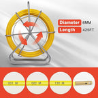 425FT Fish Tape Fiberglass 1/4 inch(6MM) Fishing Wire Puller Duct Rodder Cable Running Electrical Fishtape Tool Rod with Steel Reel Stand through Wall Pipe Length Marking In Meter