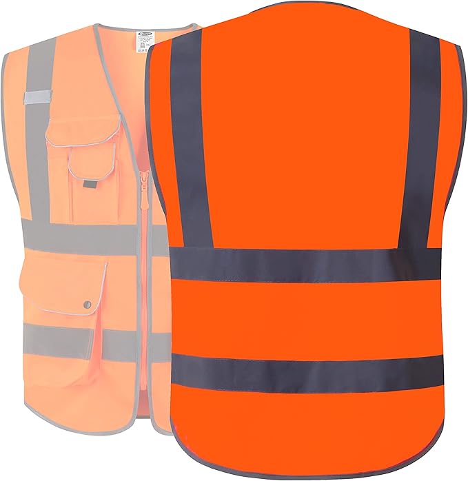 JKSafety 9 Pockets Class 2 High Visibility Zipper Front Safety Vest With Reflective Strips, Meets ANSI/ISEA Standards (150-Orange, 4XL)