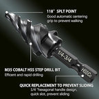 M35 Cobalt Step Drill Bit - 1/4" to 3/4"(9 Sizes)- Unibit Four Spiral Flute - 1/4" Hex Shank - Metal Drilling Bit: High Strength,Durability, Efficient