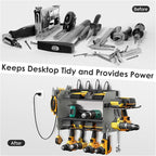 CCCEI Modular Power Tool Organizer Wall Mount Charging Station, Grey 6 Drills Holder with 8 Plug Power Strip 10FT, Garage Drill Battery Heavy Duty Metal Shelf, Utility Rack with Hooks, Side Storage.