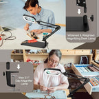 10X Square Magnifying Glass with Light and Stand, Real Glass Lighted Magnifier Hands Free, 5 Color Modes, Brightness Stepless Dimming, 2-in-1 Desk Lamp with Clamp for Close Work, Craft, Hobby, Reading