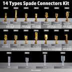 PEBA Spade Terminal Crimping Tool Kit, AWG 24-14 Crimper for Quick Disconnect Male & Female Non-Insulated Terminals 0.110"-0.250", 14 Types Spade Connector Kit - Speaker Terminals Crimping Tool